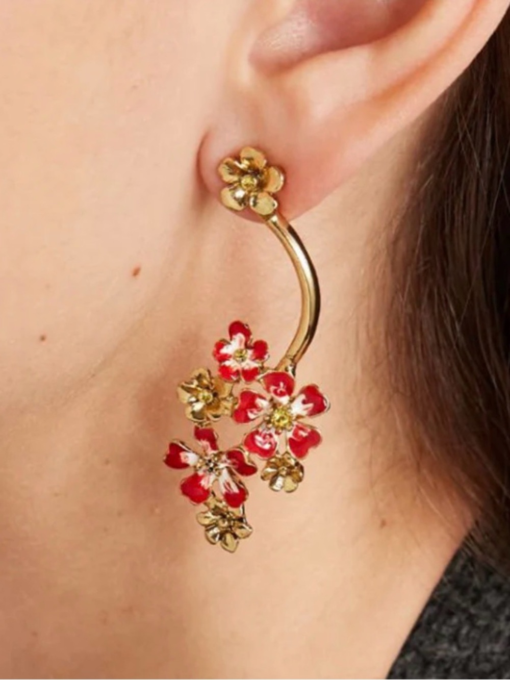 Oscar de la Renta Gold and Red Floral Cascade Earrings